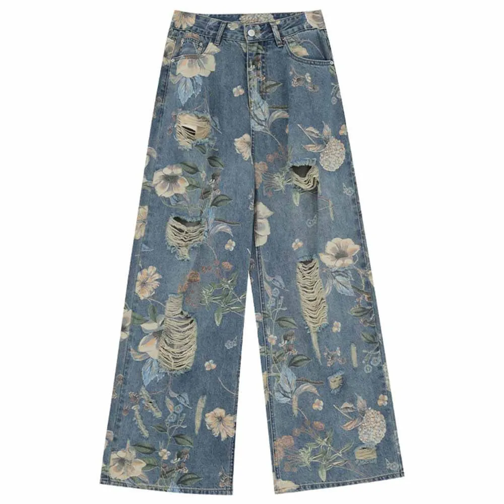 Vintage Flower High Waist Straight Wide Leg Pants