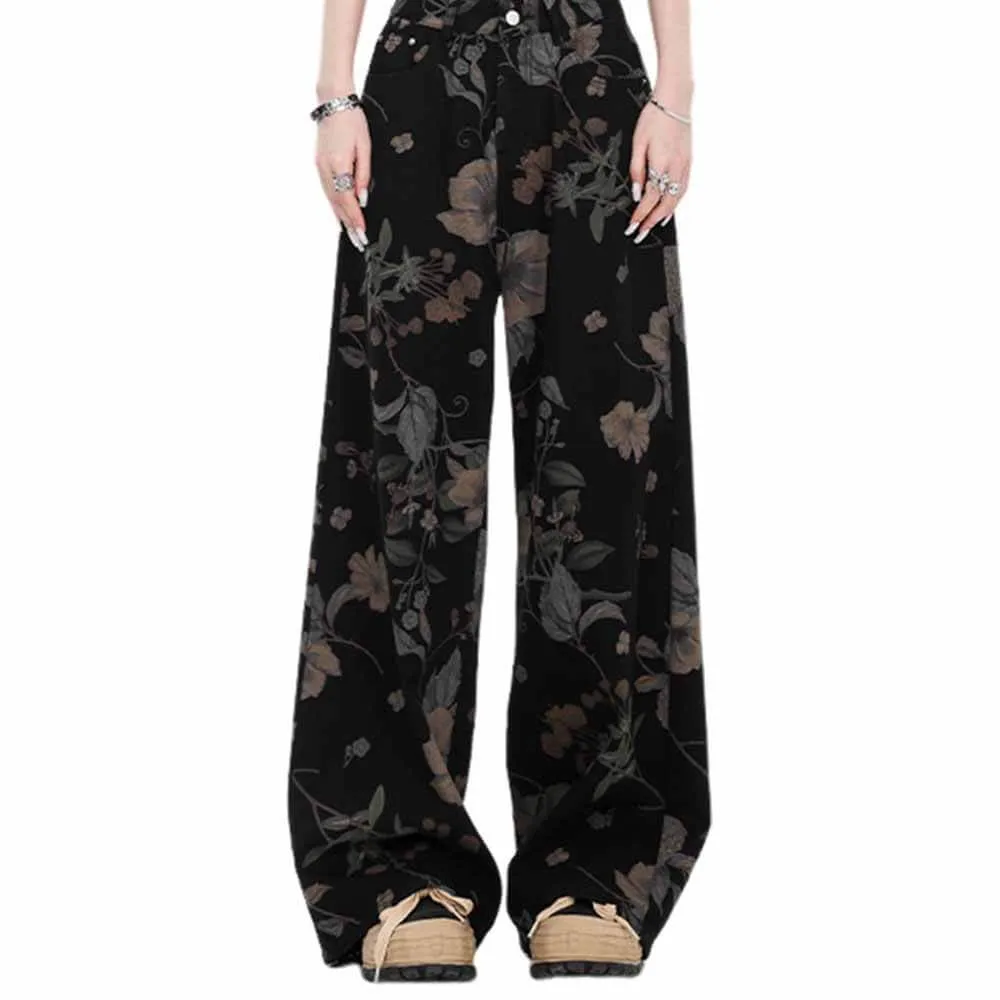 Vintage Flower High Waist Straight Wide Leg Pants