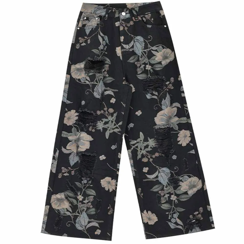 Vintage Flower High Waist Straight Wide Leg Pants