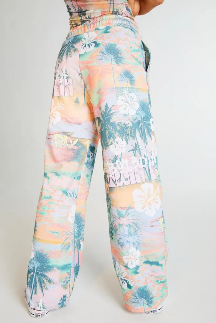 Vintage Hawaiian Print Wide Leg Joggers