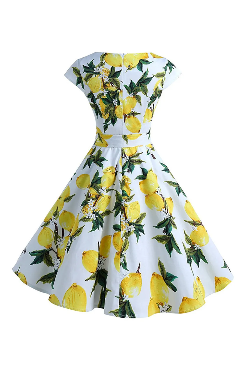 Women Beautiful Lemon Printed Bow Knotted Waist A-Line Skirt Cap Sleeve Dress - C9000ZWD