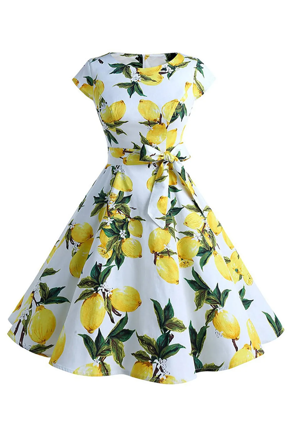 Women Beautiful Lemon Printed Bow Knotted Waist A-Line Skirt Cap Sleeve Dress - C9000ZWD