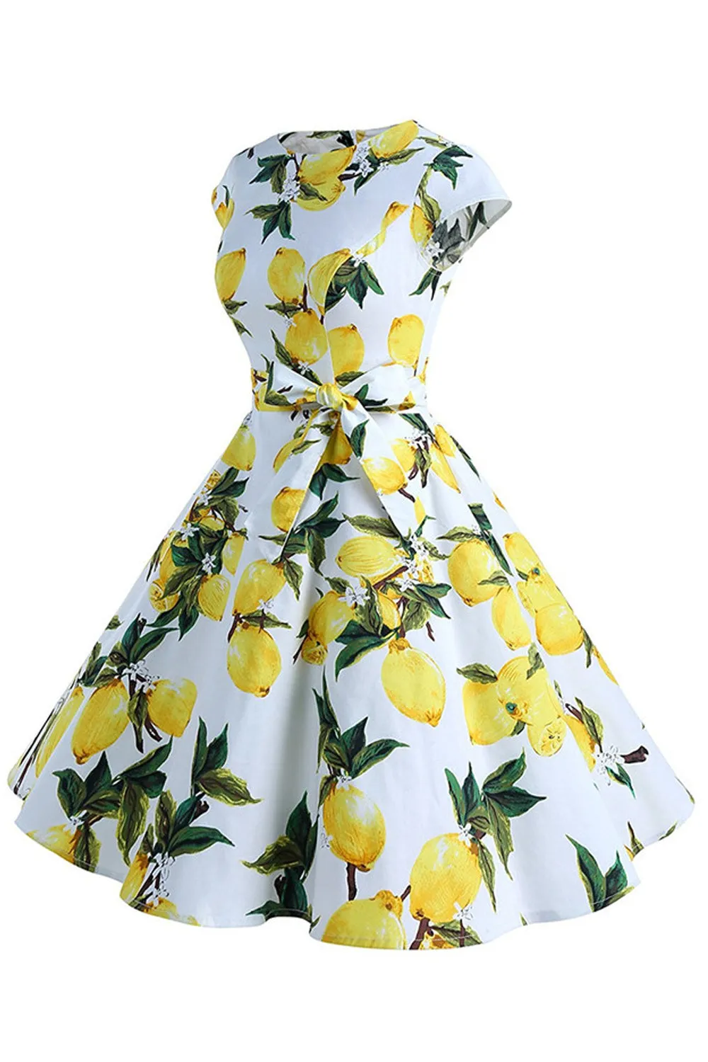 Women Beautiful Lemon Printed Bow Knotted Waist A-Line Skirt Cap Sleeve Dress - C9000ZWD