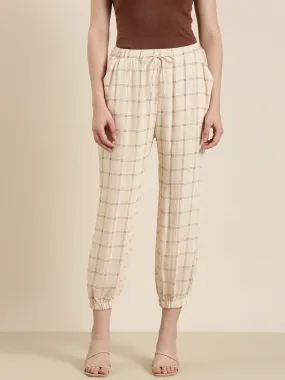 Women Cream Checked Jogger