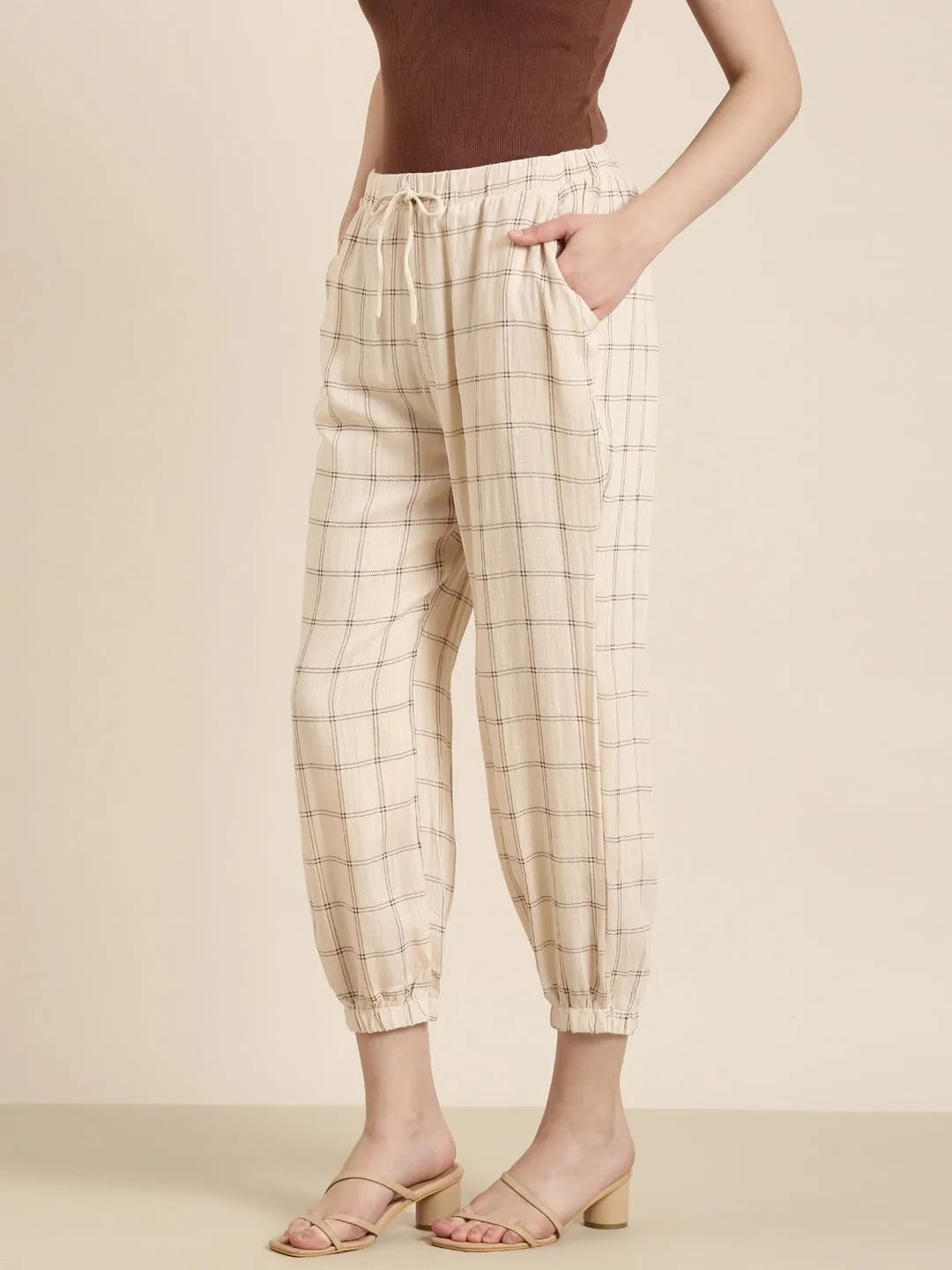 Women Cream Checked Jogger