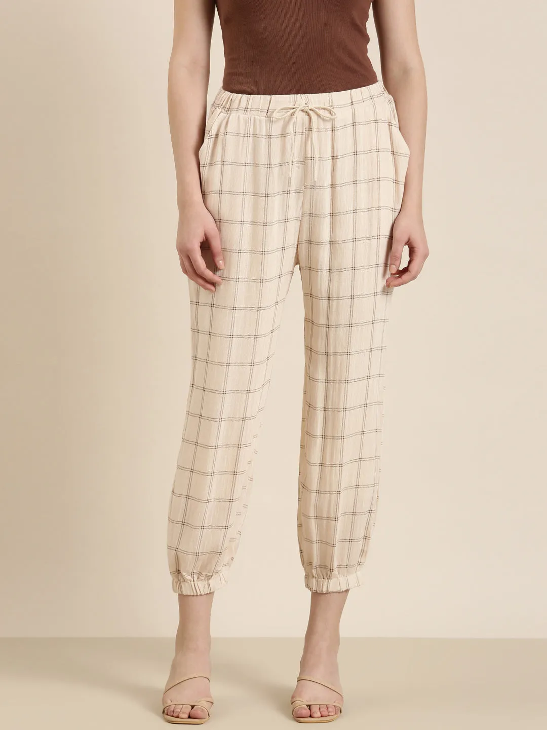 Women Cream Checked Jogger